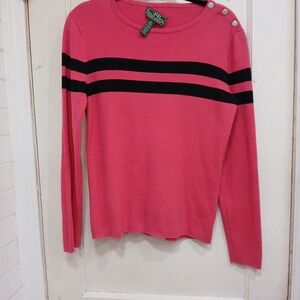 Lauren Active By Ralph Lauren Sweater. Pink w/Black Stripes, Shoulder Snaps. LRG
